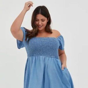 Blue Chambray Smocked Skater Dress + Pockets! 3x & Comfy!